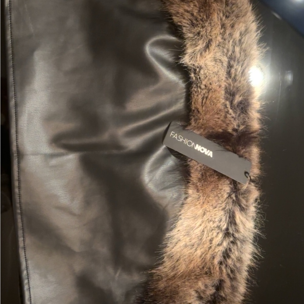 Fashion Nova Black Faux Leather Coat with Fur Accent